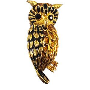 Chubby Vintage Owl Brooch Gold Tone Enamel Black Faceted Eyes Mid Century